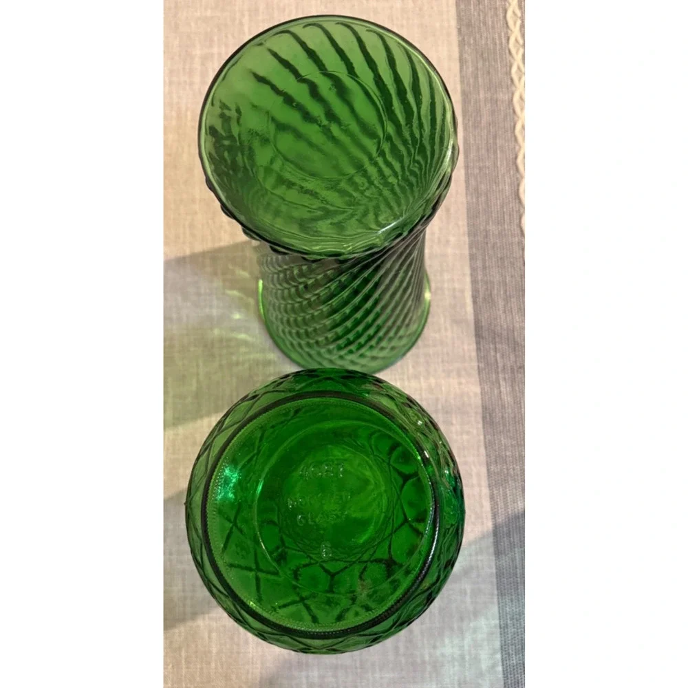 🌿 Vintage Green Glass Vases – Set of 2 | Hoosier Glass #4087 + Unmarked | Large